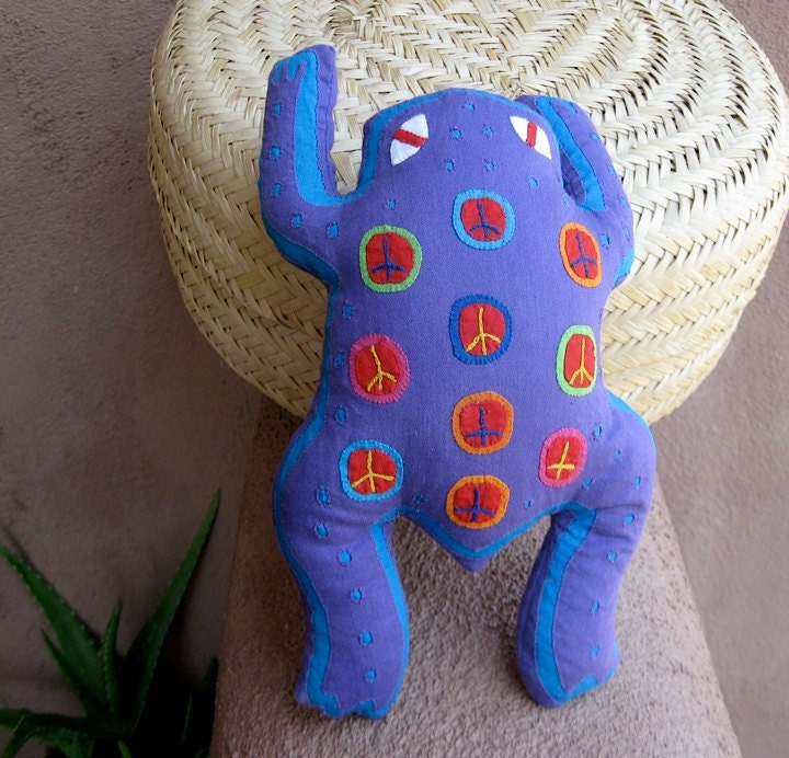 Lavender Filled Purple Mola Peace Frog - Stuffed Herbal Animal - Kuna Indian Mola Hand Stitched Reverse Applique