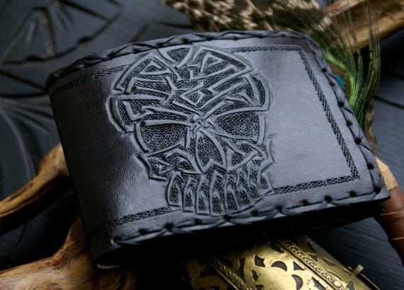 Mens Wallet Mens Leather Wallet-Tooled Celtic Skull by sevenannine