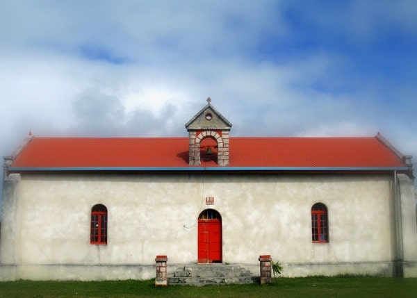 Rural Church Photograph Architecture Photography Red and White Rustic Building Village Church Fine Art Print Lifou Island Home Decor Picture