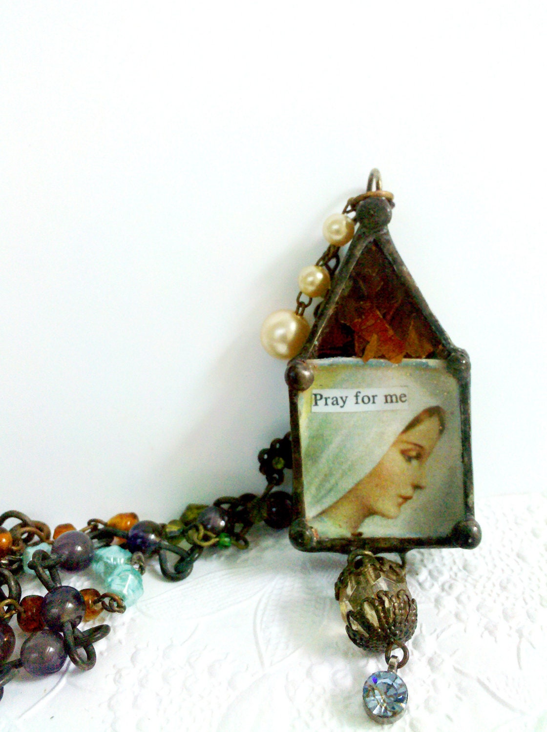 Madonna Rosary Necklace Mary Reliquary Our Blessed Mother Shrine Vintage Bead Chain Religious Assemblage Glass Mary Diorama Jewelry