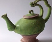 Curly Handled Attitude Teapot Chartreuse Green & Purple Altered/Slanting Funky 10 inches tall functional 4 Tea Coffee