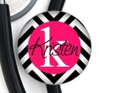 Stethoscope ID Tag - Custom Name - Black and Hot Pink Chevron