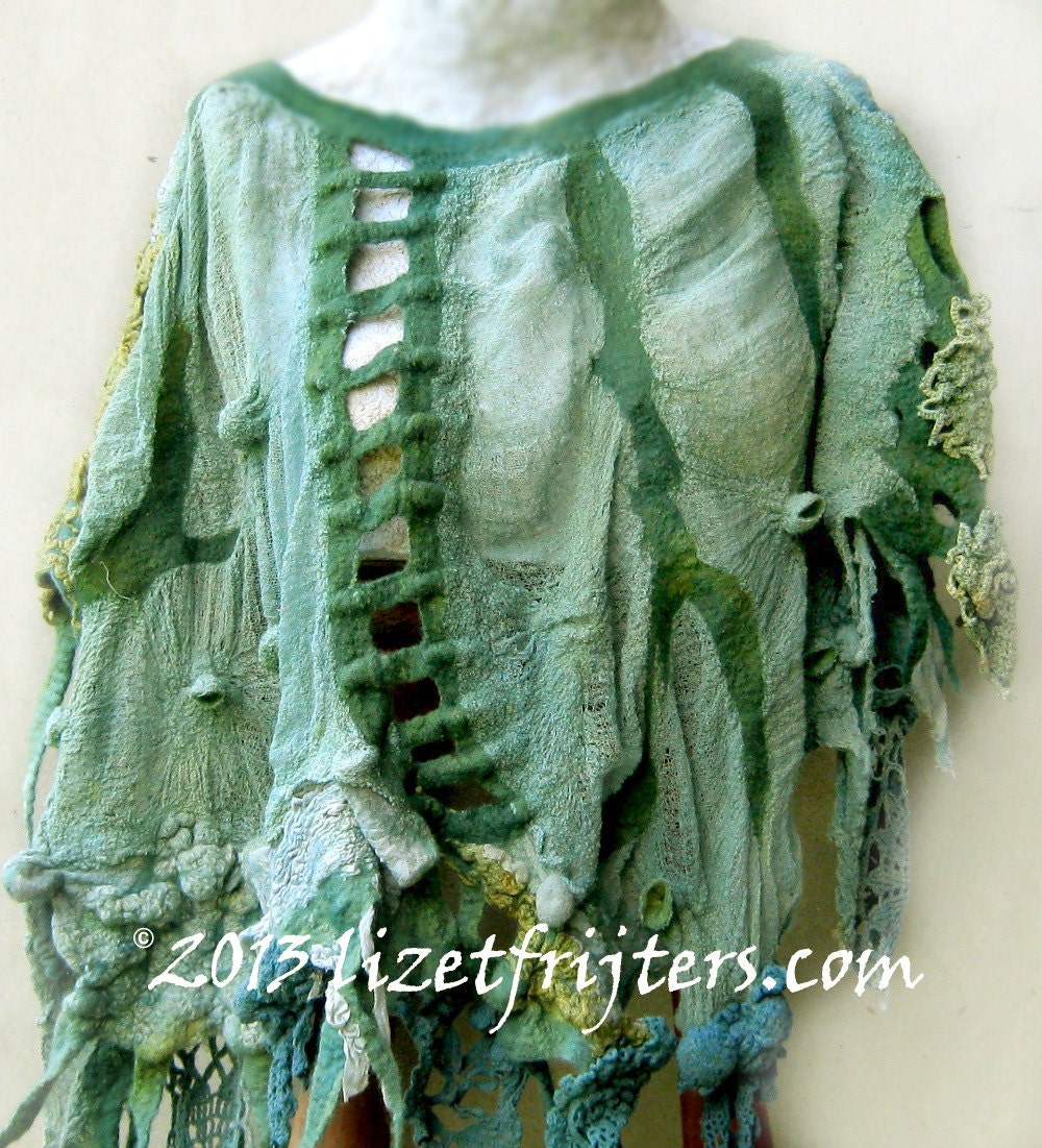 Green Nuno Felt Poncho Spring Field - Spring Summer Poncho with Bubbles 3D Shibori Felted One of a Kind Fibre Art Poncho