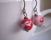 SALE Snow Bunny earrings - red and pink rabbit tensha beads - handmade