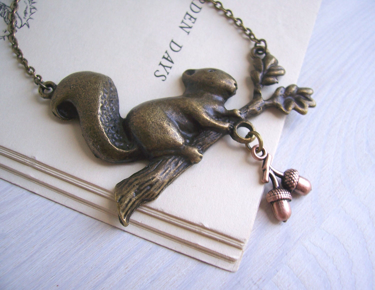 Woodland Squirrel necklace - golden brass with copper acorn charm - handmade