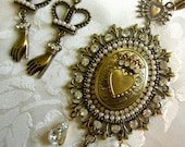 French Catholic Style Ornate Crowned Heart Locket Necklace and Earring Set