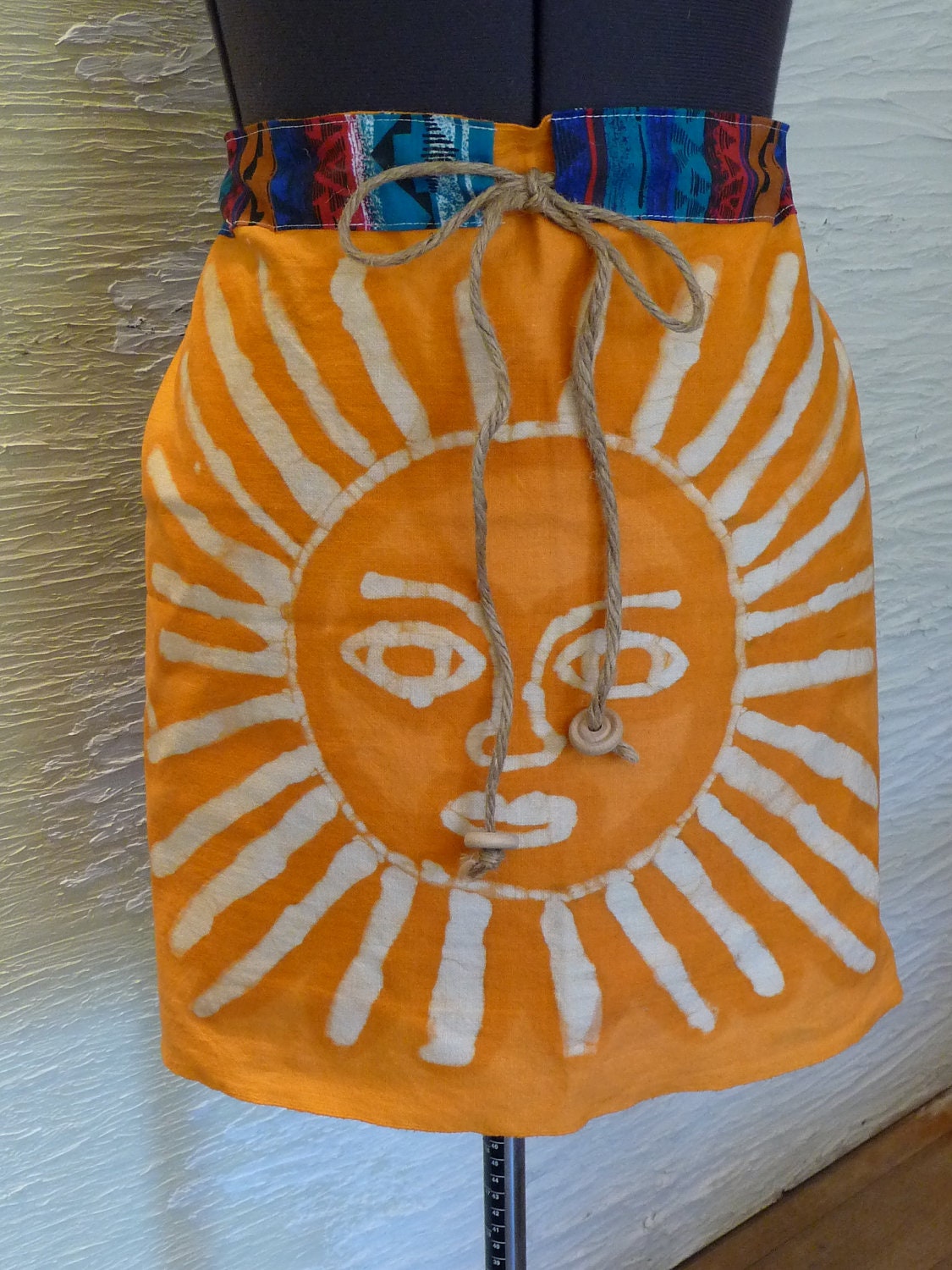Sun Skirt Handmade Sunshine Skirt Recycled Fabrics Unique Clothing Colorful Skirt Drawstring Wood Beads Summer