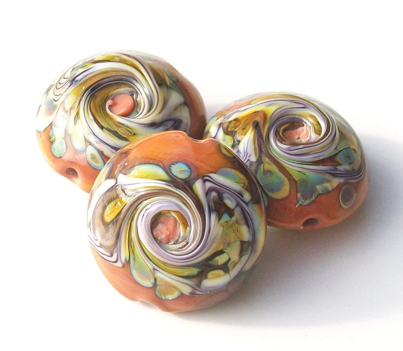 Desert Serpent- Just Rust-handmade lampwork bead lentils in terra cotta raku and striped serpent cane- set of 3