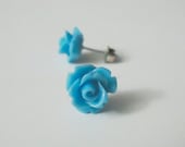 Light Blue Stud Earrings Opaque Rose Flowers - Your Choice of Hypoallergenic Posts