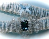 Wedding Garter Set in Satin with Magnificent Centering Swarovski Crystal Jewels and Something Blue Shadow Ribbon