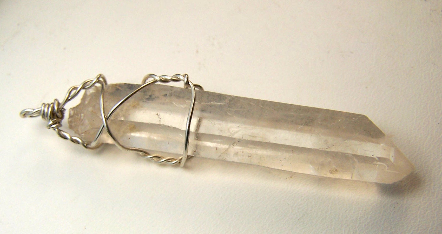 Lemurian Crystal wire wrap necklace pendant, Sterling Silver, on chain - naturally formed Quartz crystal from Diamantina mine in Brazil
