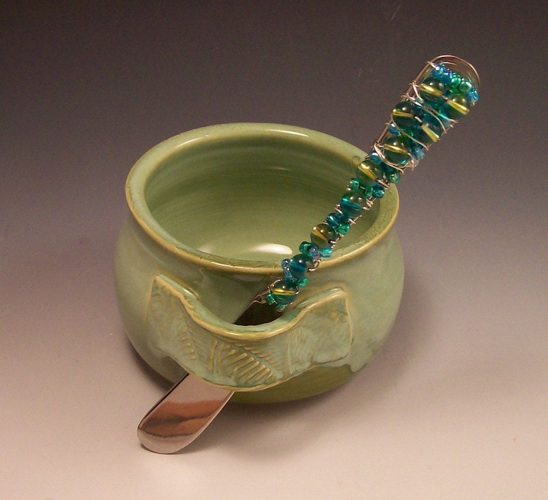 Dip Cup with Jeweled Cheese/ Butter  Spreader in French Country Green