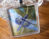 Glass Tile Pendant with Print of Original Watercolor-Nature's Sparkles-Dragonfly