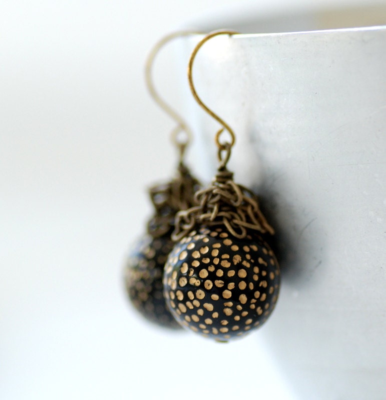 Statement Earrings, Black and Gold Earrings, Funky Earrings. Dotted Earrings, Vintage Lucite and Brass - Night Sky