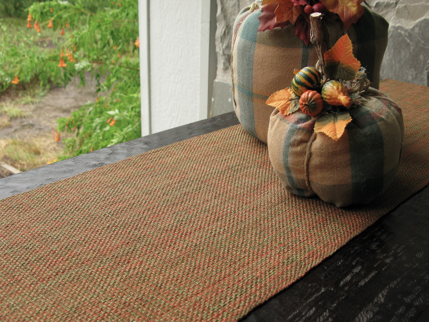 HandWoven Table Runner Thanksgiving Holiday Table Decor Rust Copper Olive Green Brown Cotton Hand Woven