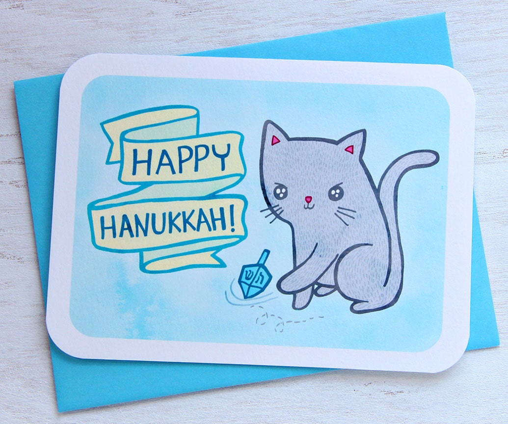 Happy Hanukkah Card -  Cat Dreidel - Holiday Notecard
