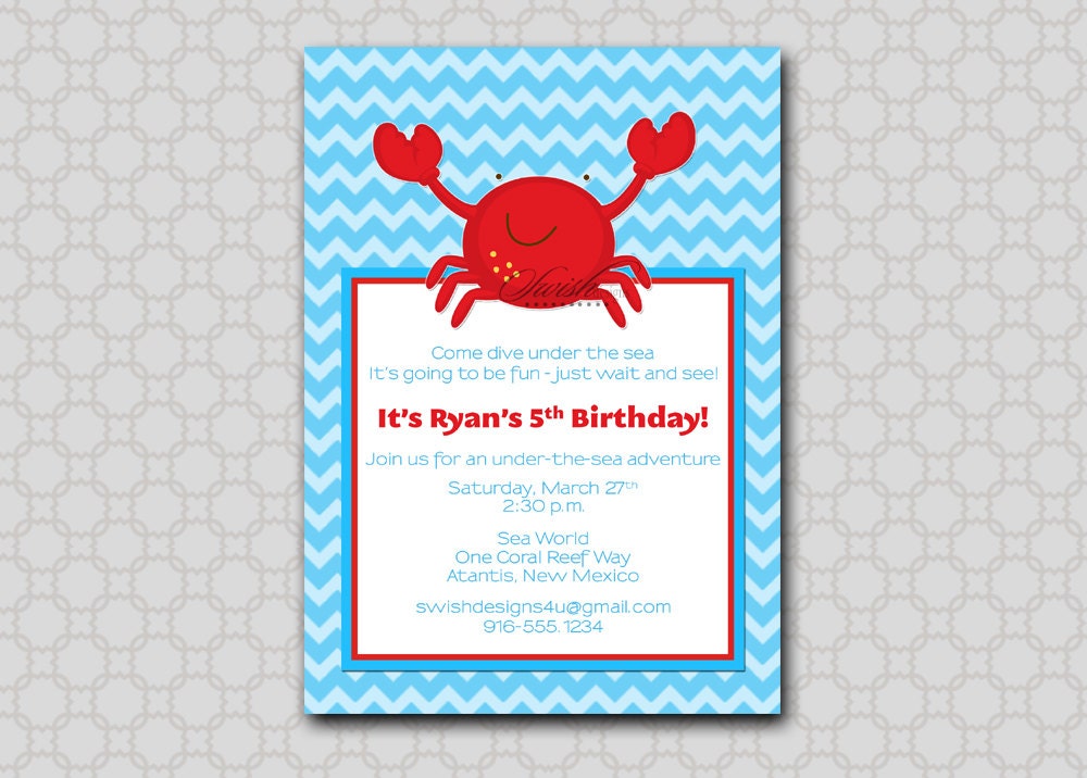 Crab Sea  Birthday Invitation --- Under the Sea, ocean digital printable party