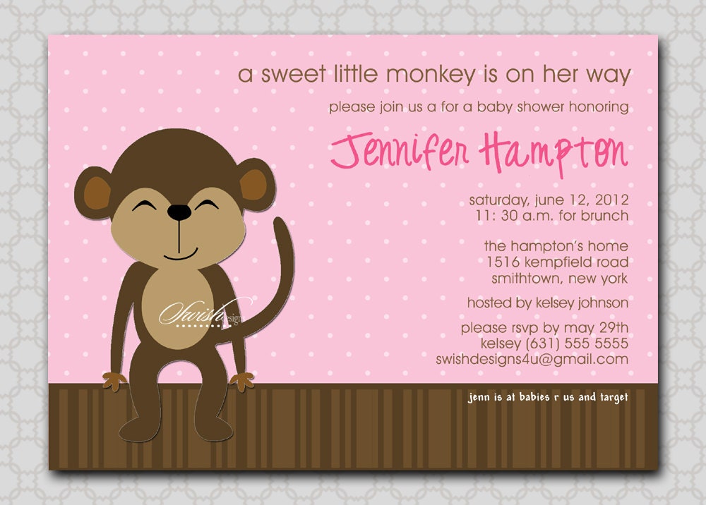 Monkey Baby Shower Invitation - girl - Printable Invite - 5x7 digital file Il_570xn