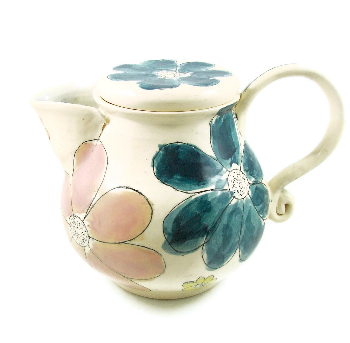 Ceramic Coffee Pot or Tea Pot - Summer Garden Flowers - Handmade Table Art - Wheel Thrown Stoneware Clay Pottery - Ships Today