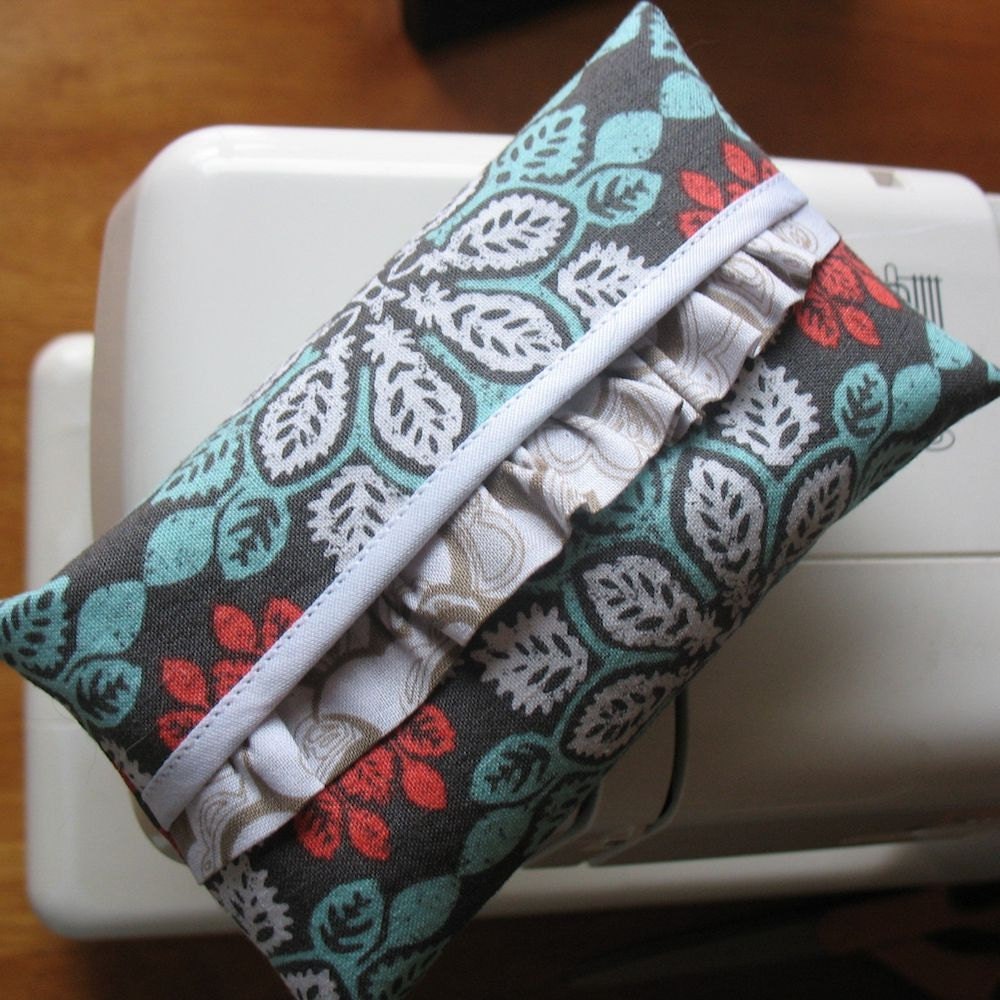 Ice Gray, Aqua, Orange Damask Ruffle Tissue Holder