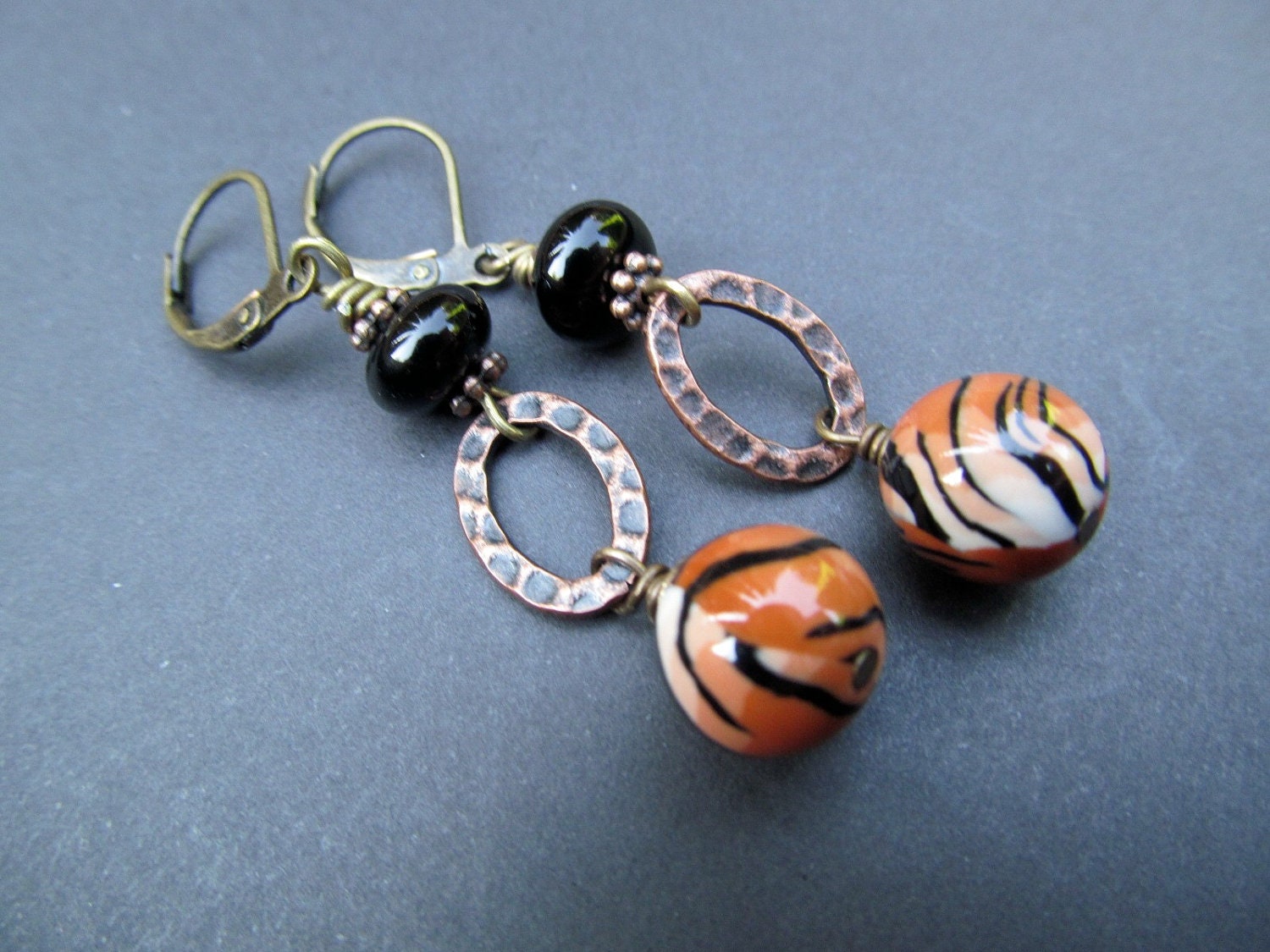Tiger Striped Polymer Clay and Black Onyx Leverback Antiqued Brass Earrings - In the Wild