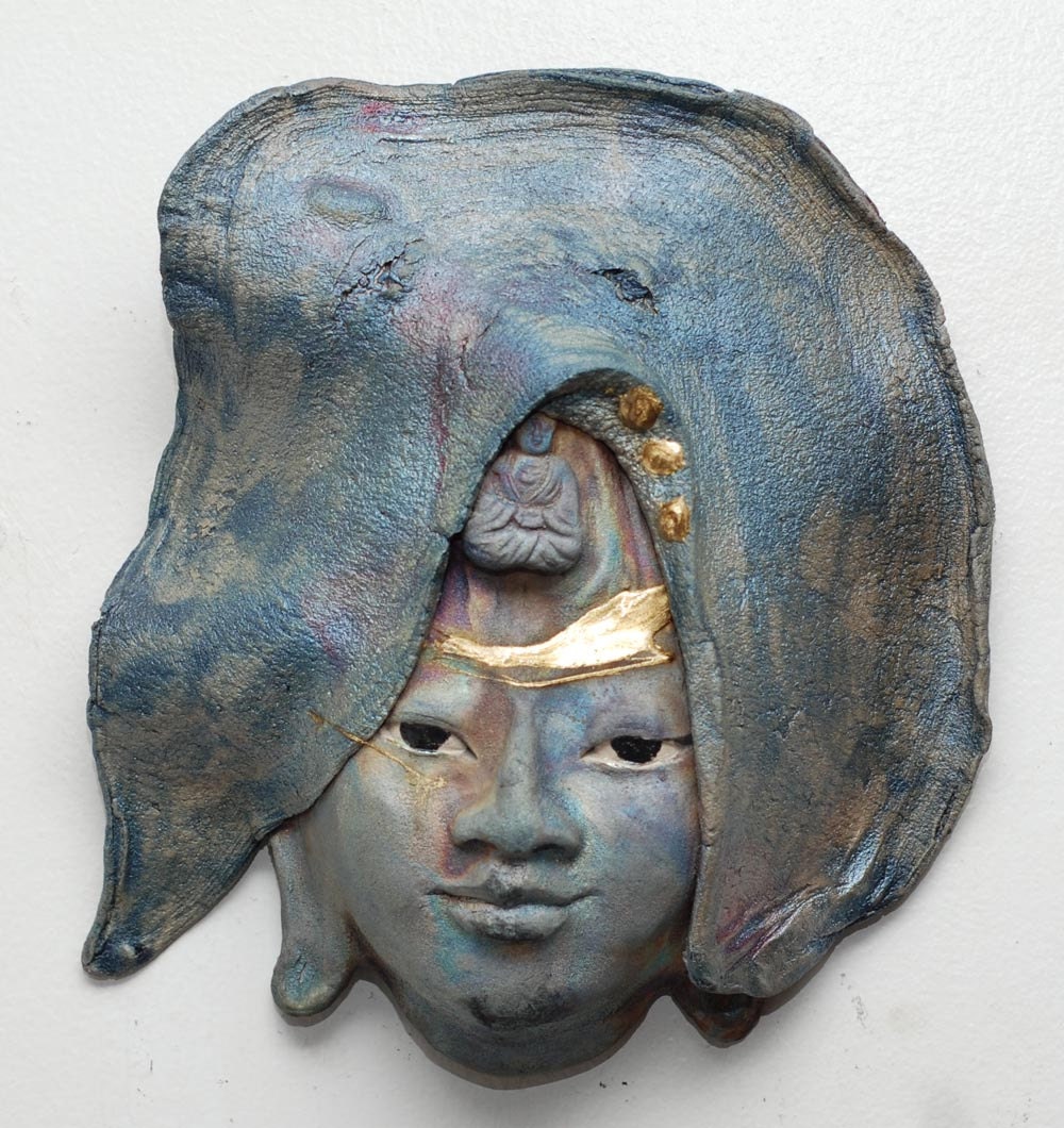 Blue Raku Kwan Yin Face Wall Art With Golden Hair Adornments