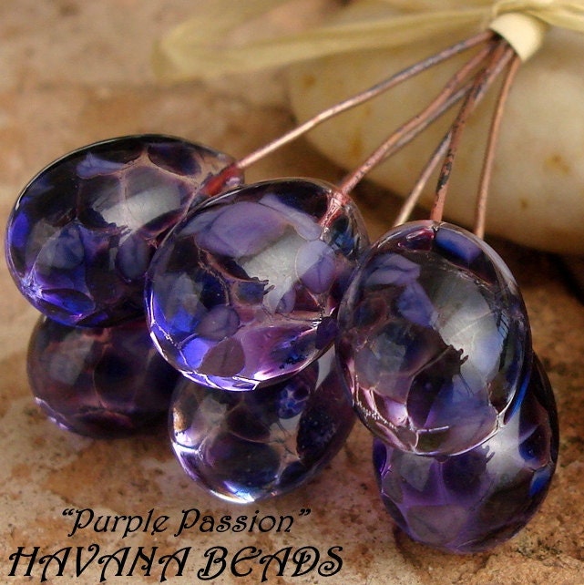 PURPLE PASSION Transparent Drop Head Pins - Set of 6 Handmade Lampwork Head Pins