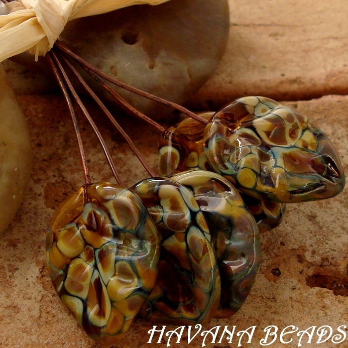 AMBER LEAF HEADPINS - Set of 6 Handmade Lampwork Amber and Copper Head Pins
