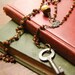 Vintage Rosary Necklace with Rootbeer Art Glass Beads, Skeleton Key