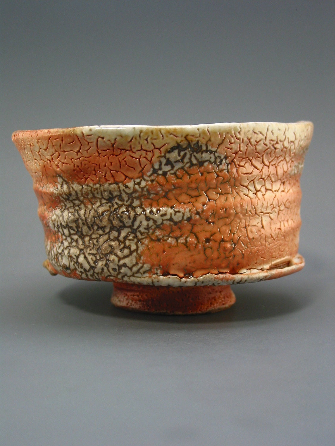 Matcha Chawan, woodfired iron rich stoneware with crawling shino, creek clay and natural ash glazes