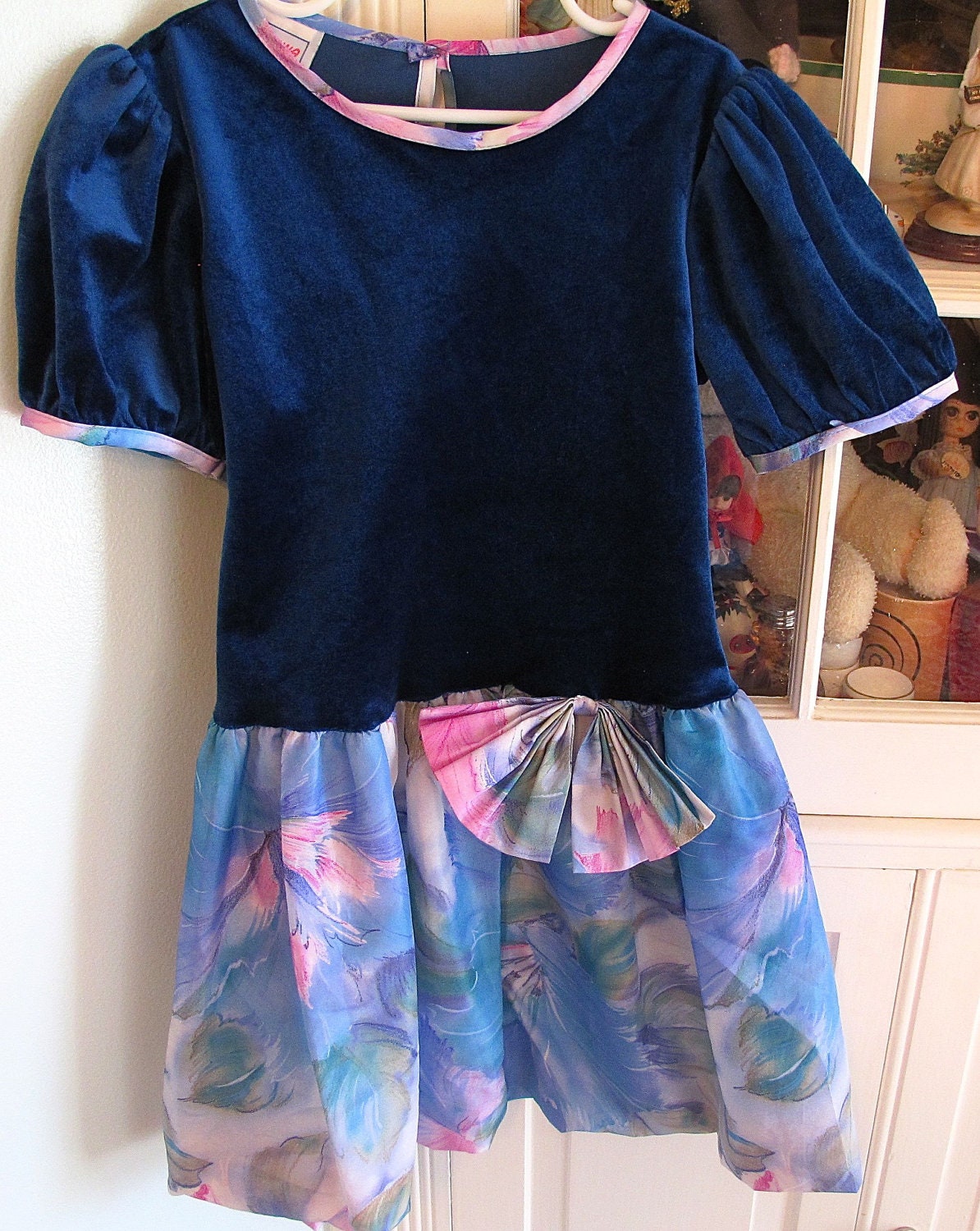 80s Blue Velvet Dress Girls 10