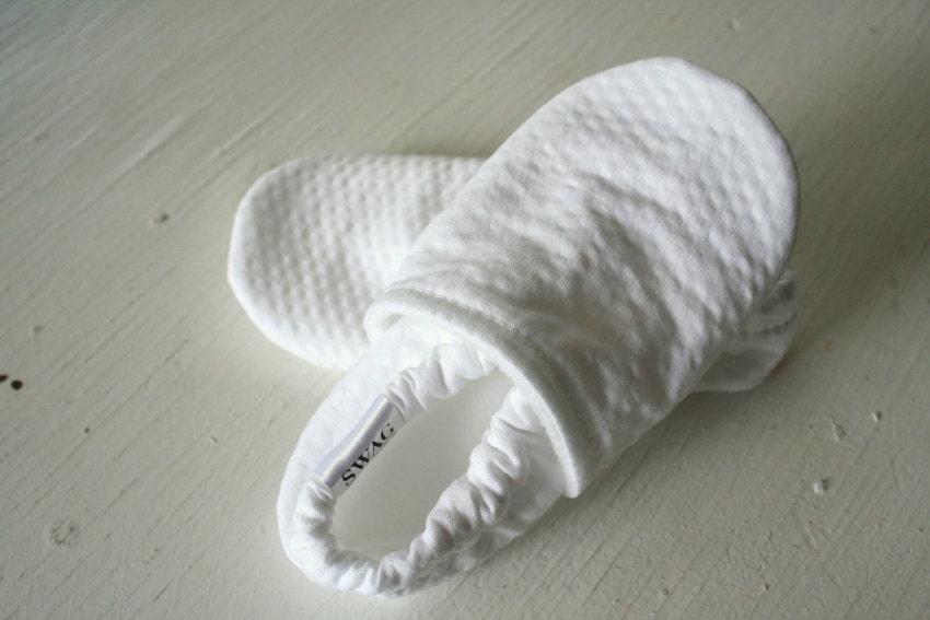 Baby Boy Girl Booties toddler infant newborn slippers shoes WHITE Seersucker Christening Baptism non slip soft soled SWAG