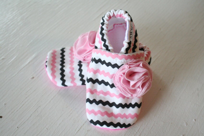 Baby Infant Shoes Booties Newborn Girl Slippers Pink Brown RicRac ric rac squiggles waves stripes flower poof soft soled non slip gift SWAG