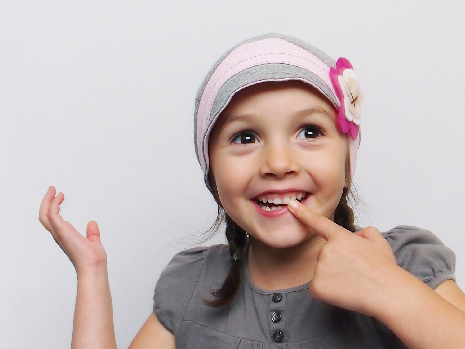 Bluebell hat.  Gray and pink comfy Kids hat with flower. Children accessories. Fashion kids