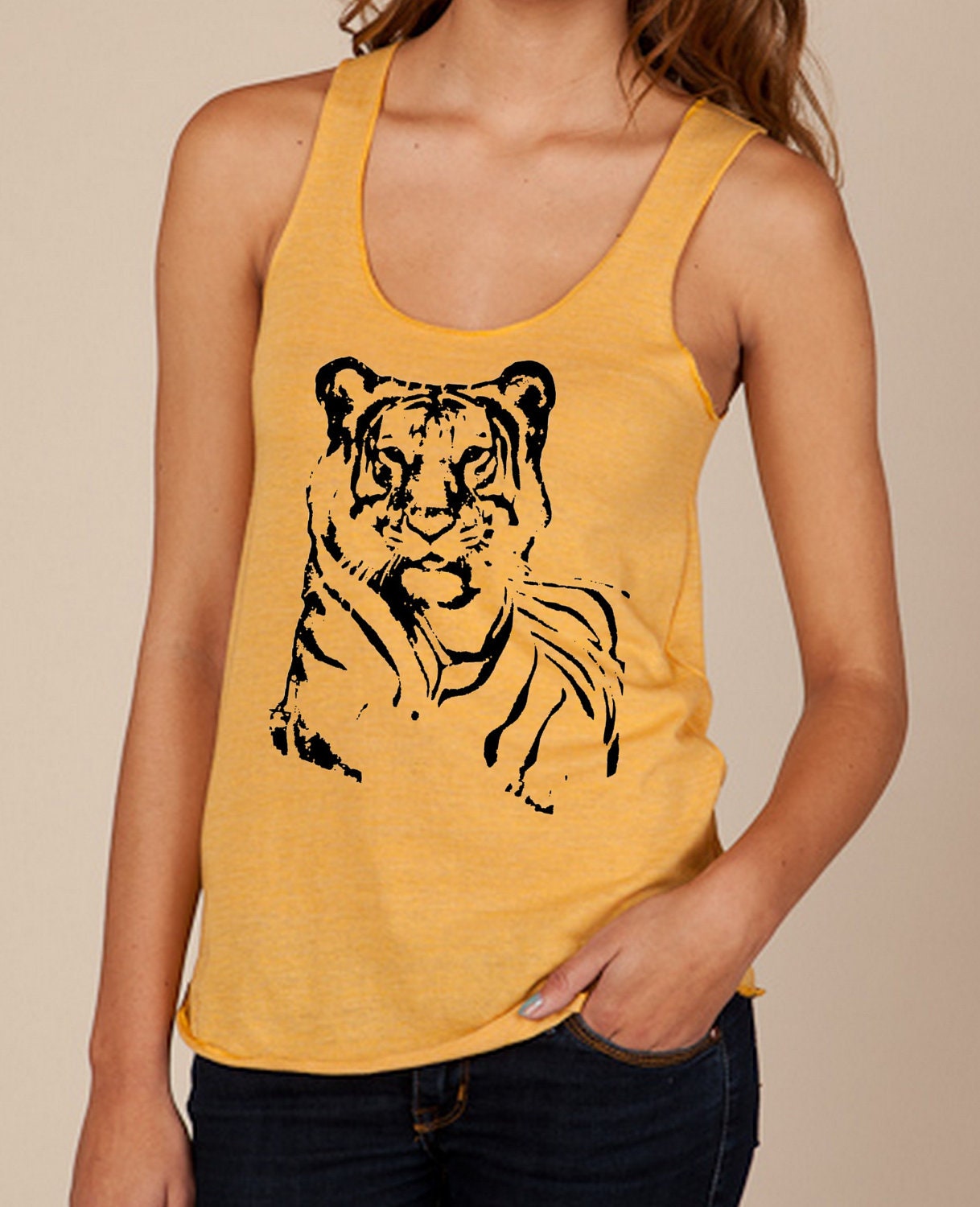 Tiger cat Ladies Heathered Tank Top Shirt silkscreen screenprint Alternative Apparel