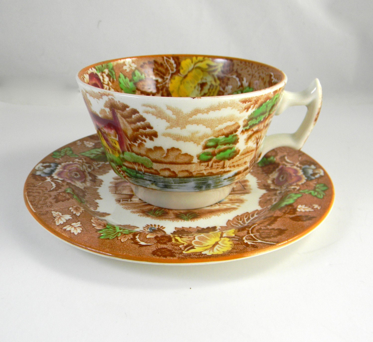 Vintage Tea cup and saucer, Enoch Woods English Scenery light brown  Cup Saucer