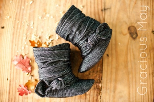 Ruched Denim baby and toddler slouch boots Soft Sole