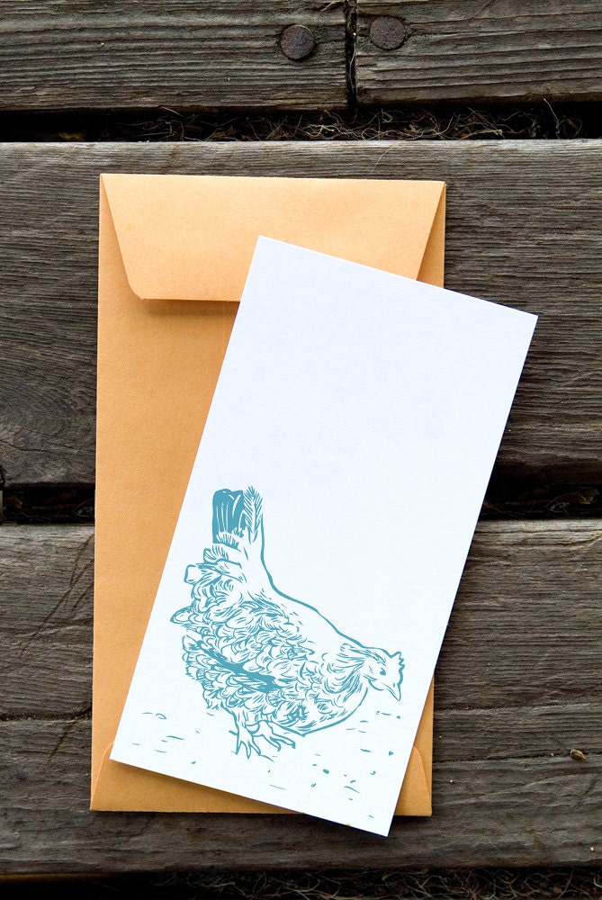 Aqua Hen  - 8 Blank flat notecards and manilla envelopes