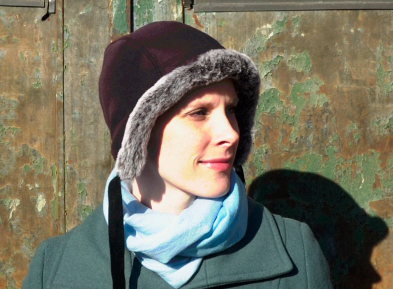Women's Winter Hat : Eggplant Aviator with Faux Fur Trim