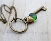 Skeleton Key Necklace, Long Necklace w/ Olive Green Quartz & Brass Key, Boho Fashion