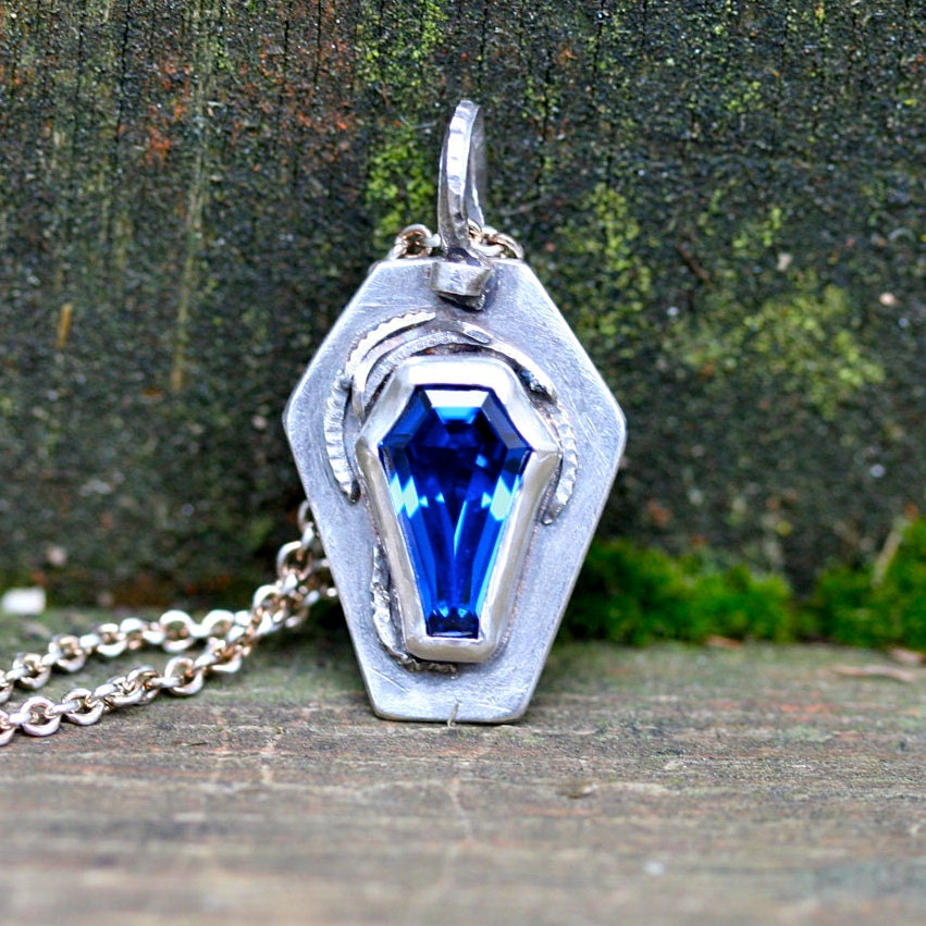 Custom color True Blood gemstone coffin necklace sterling silver