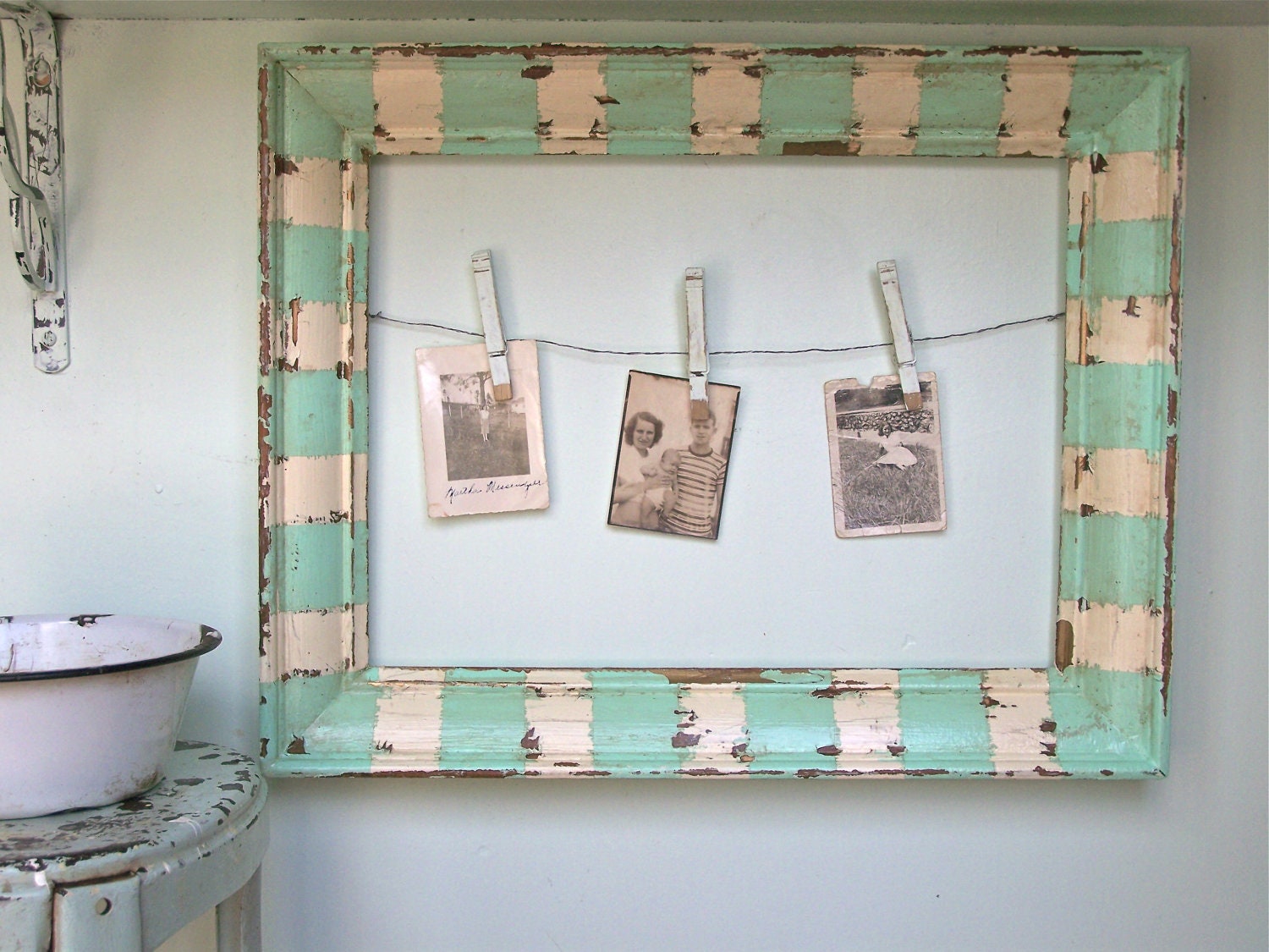 Shabby Beach Cottage Frame Distressed Home Decor Vintage Picture Frame Aqua White Farmhouse