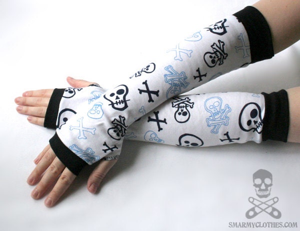 skulls black and blue fingerless gloves armwarmers - smarmyclothes diy punk scene