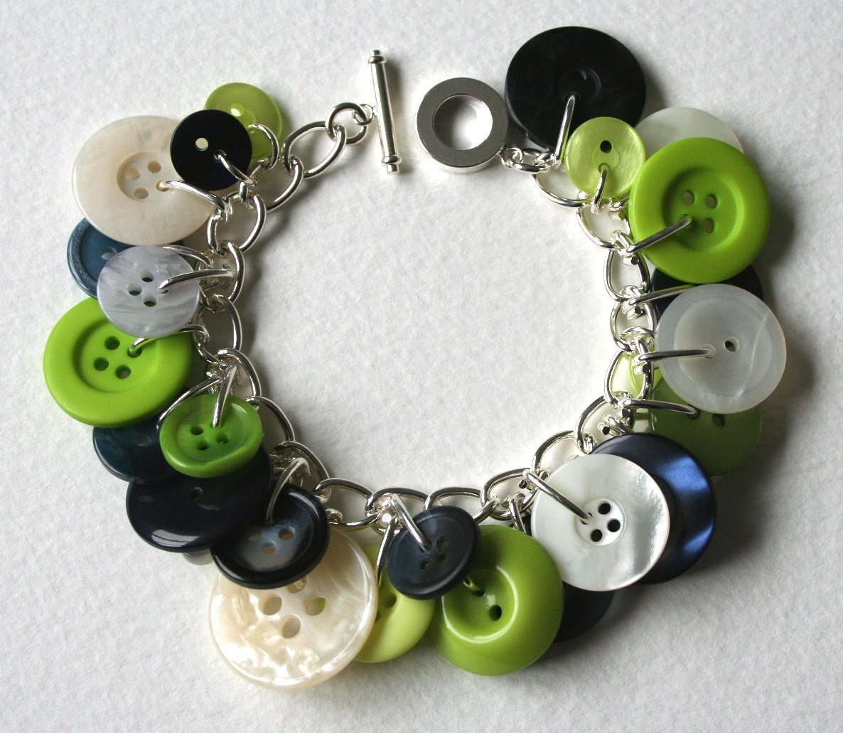 Button Bracelet Navy Blue Cream and Lime Green
