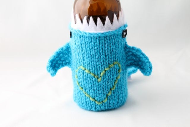I Heart my Monster Shark  - for your Beer Bottle/Soda Can- Aqua