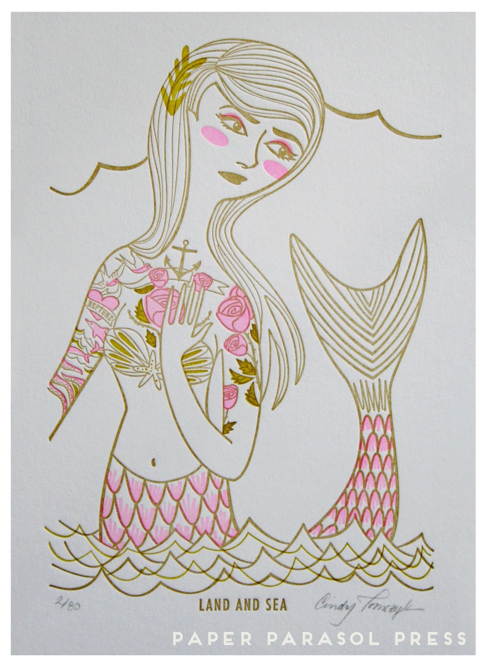 Land and Sea Limited Edition Letterpress Mermaid Print