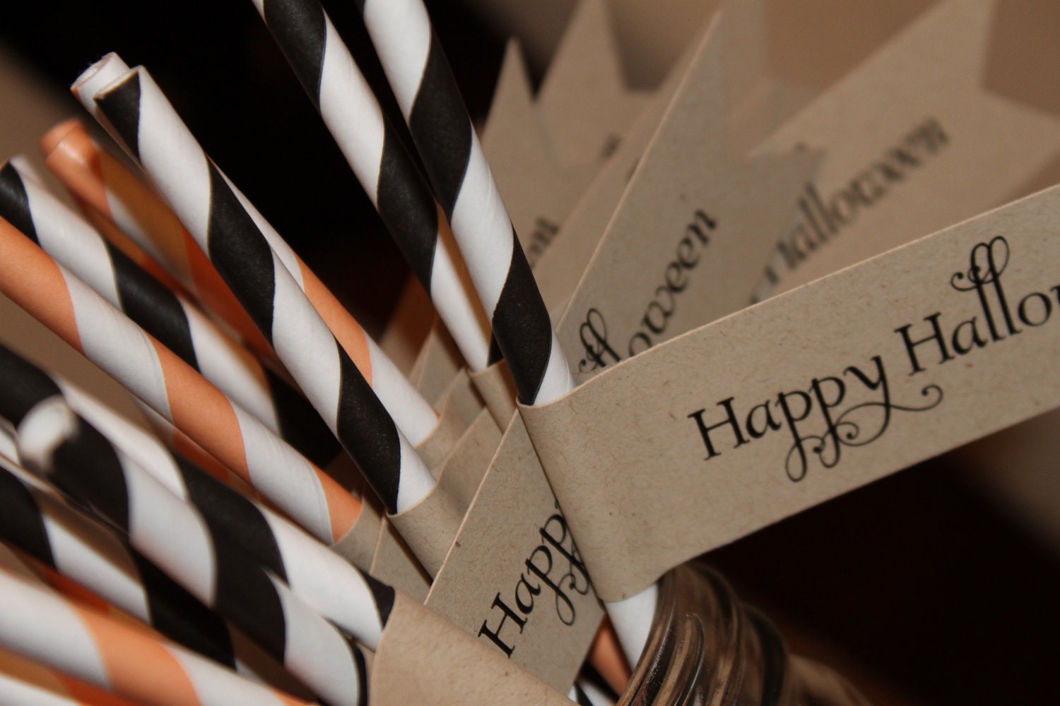 Black and Orange Pixie Striped Paper Straws with Happy Halloween Kraft Banner Flag- Set of 10
