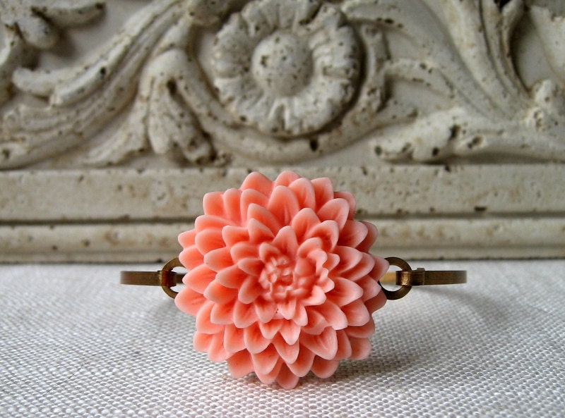 Coral Flower Bracelet, Mum Bracelet, Brass Bracelet, Peach Flower, Chrysantheum, Bridesmaid Jewelry