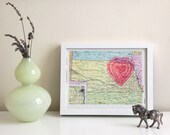 vintage nebraska map with neon pink heart screenprint, i love the great plains