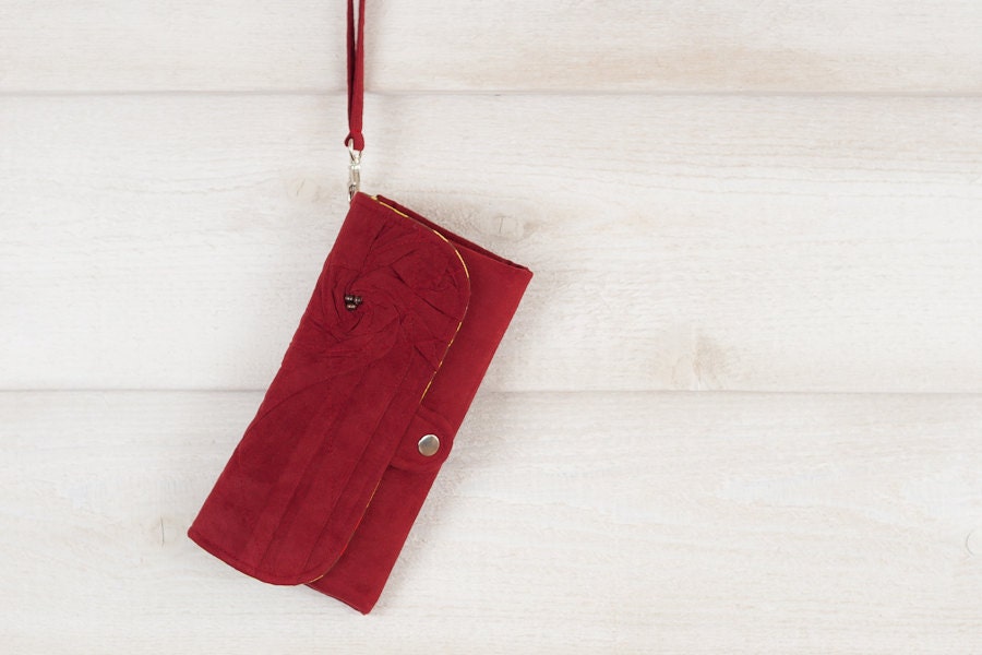 iPhone SmartPhone Clutch Wallet - Rosie MicroSuede Clutch with ID pocket and Wristlet Strap in Maroon -- Pick Your Fabric